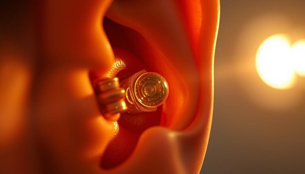 A close-up view of human inner ear, with the otoconia (earstones) visible and moving back into their proper position within the vestibular system. The image depicts the process of canalith repositioning, a therapeutic technique used to treat benign paroxysmal positional vertigo. The scene is illuminated by soft, warm lighting, creating a serene, medical atmosphere. The focal point is the intricate structures of the inner ear, rendered in high detail with a sense of depth and clarity. The background is blurred, allowing the viewer to concentrate on the central elements of the image.