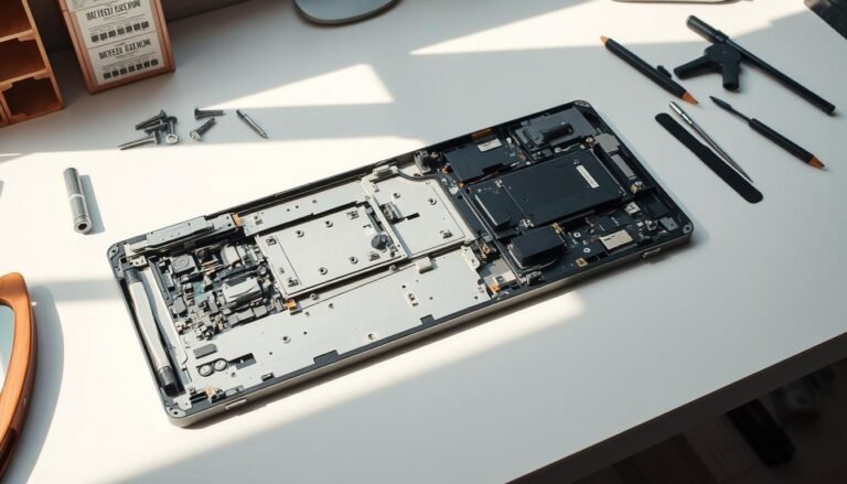 A detailed, disassembled view of a Aloha display screen, showcasing its inner components and structure. The screen lies on a clean, well-lit workbench, with screws, tools, and spare parts surrounding it. The lighting is natural, creating soft shadows and highlights that emphasize the intricate design. The image has a technical, educational feel, allowing the viewer to study the screen's anatomy in a clear, uncluttered manner. The overall composition conveys a sense of precision and care, suitable for illustrating the process of safely disassembling a display screen.