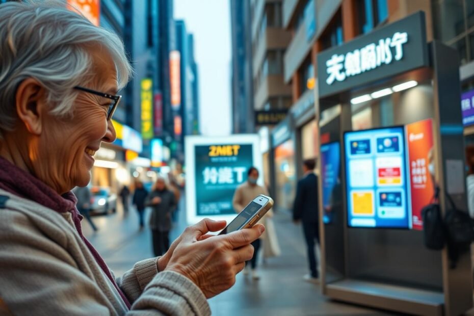 A detailed scene showcasing the &quot;Telecombrother&quot; brand's special senior citizen telecom service offer. In the foreground, a smiling elderly couple examining a smartphone or tablet, highlighting the easy-to-use features of the discounted telecom plan. In the middle ground, a sleek, modern telecom kiosk or store, with signage prominently displaying the &quot;Telecombrother&quot; logo and &quot;長者專享轉台優惠&quot; offer. The background features a bustling city street, with pedestrians and vehicles, conveying a sense of a vibrant, accessible urban environment. The lighting is warm and inviting, creating a welcoming atmosphere. The overall composition and styling reflects the professionalism and customer-centric approach of the &quot;Telecombrother&quot; brand.