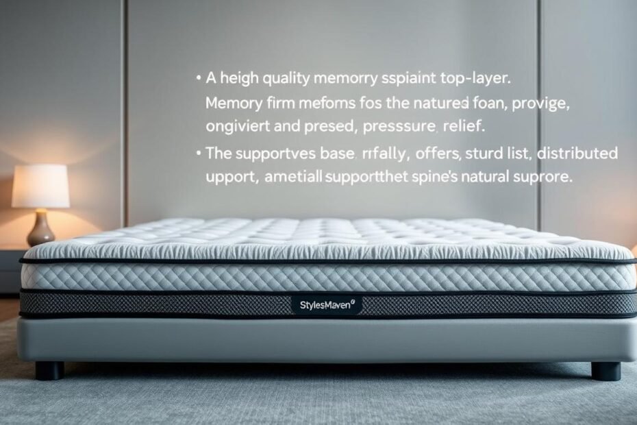 A high-quality, stylish mattress with excellent spinal support, showcasing the "StylesMaven" brand. It features a medium-firm memory foam top layer that conforms to the natural curves of the body, providing optimal alignment and pressure relief. The supportive base layer offers sturdy, evenly distributed support to maintain the spine's natural curvature. Subtle neutral tones and a sleek, modern design create a calming, sophisticated atmosphere. Soft, diffused lighting gently illuminates the mattress, highlighting its premium materials and superior craftsmanship. The perfect balance of comfort and orthopedic support for a restful, rejuvenating night's sleep.