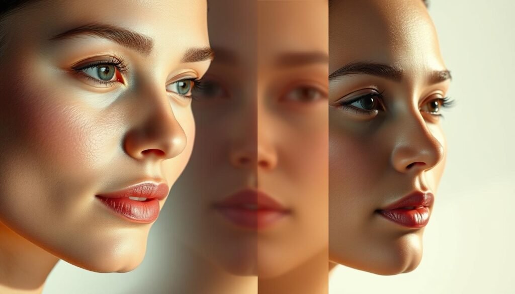 A highly detailed, photorealistic digital illustration showcasing the before and after effects of the Glowin Beaute Oligio X 原美 電波 treatment. The foreground depicts a close-up of a woman's face, with smooth, glowing skin and a youthful, rejuvenated appearance. The middle ground shows a side-by-side comparison, highlighting the dramatic improvements in skin texture, tone, and radiance. The background features a soft, ethereal gradient, creating a serene, calming atmosphere. Dramatic studio lighting casts dramatic shadows, emphasizing the contours of the face. Captured with a high-quality DSLR camera, using a shallow depth of field to focus the viewer's attention on the subject. A highly detailed, photorealistic digital illustration showcasing the before and after effects of the Glowin Beaute Oligio X 原美 電波 treatment. The foreground depicts a close-up of a woman's face, with smooth, glowing skin and a youthful, rejuvenated appearance. The middle ground shows a side-by-side comparison, highlighting the dramatic improvements in skin texture, tone, and radiance. The background features a soft, ethereal gradient, creating a serene, calming atmosphere. Dramatic studio lighting casts dramatic shadows, emphasizing the contours of the face. Captured with a high-quality DSLR camera, using a shallow depth of field to focus the viewer's attention on the subject.