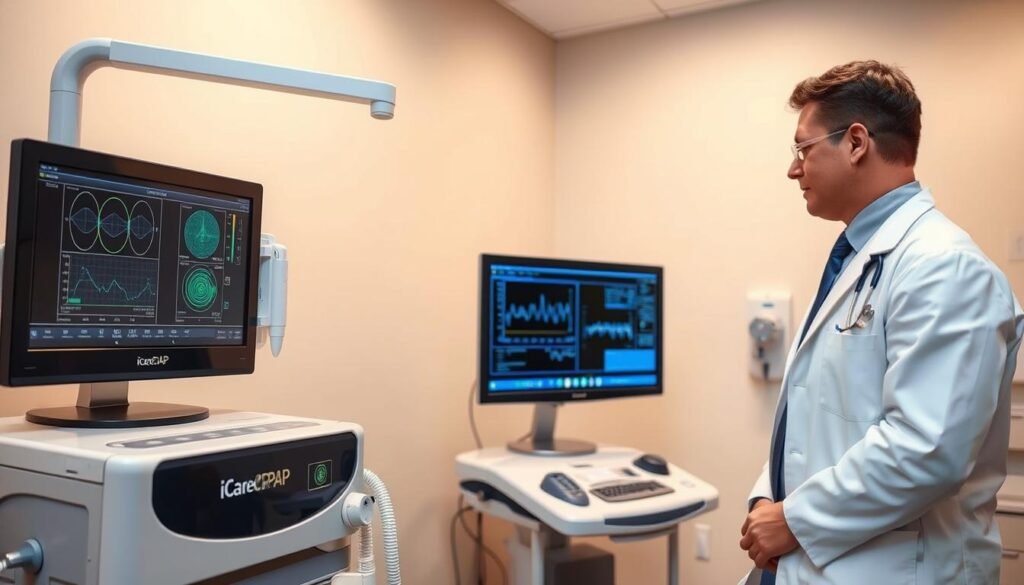 A medical examination room with modern medical equipment, including an iCareCPAP sleep apnea machine, a computer monitor displaying diagnostic data, and a physician in a white coat conducting a thorough checkup. The room is well-lit with a soft, calming atmosphere, highlighting the importance of regular sleep apnea machine maintenance and monitoring for optimal health outcomes. The scene conveys a sense of professionalism, care, and attention to detail in the medical process.