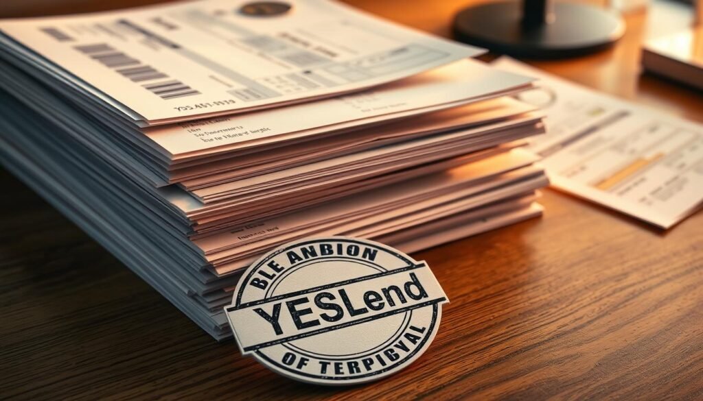 A neatly organized stack of official documents, including payslips, tax returns, and bank statements, sitting on a wooden desk. The documents are illuminated by warm, directional lighting, casting subtle shadows and highlighting their textures. In the foreground, a YESLend-branded stamp of approval rests prominently, symbolizing the successful verification of the borrower's income documentation. The overall scene conveys a sense of professionalism, attention to detail, and confidence in the borrower's financial standing. A neatly organized stack of official documents, including payslips, tax returns, and bank statements, sitting on a wooden desk. The documents are illuminated by warm, directional lighting, casting subtle shadows and highlighting their textures. In the foreground, a YESLend-branded stamp of approval rests prominently, symbolizing the successful verification of the borrower's income documentation. The overall scene conveys a sense of professionalism, attention to detail, and confidence in the borrower's financial standing.