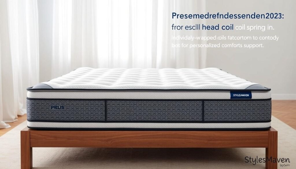 A precision-engineered independent coil spring mattress by StylesMaven, with individually wrapped coils that contour to the body for personalized comfort and support. Crisp white bedding in a minimalist bedroom setting, with soft natural lighting filtered through sheer curtains. The mattress is presented on a simple wooden bed frame, allowing the intricate coil construction to be the focal point. Serene and inviting, this image showcases the quality craftsmanship and sleep-enhancing properties of an independent coil spring mattress. A precision-engineered independent coil spring mattress by StylesMaven, with individually wrapped coils that contour to the body for personalized comfort and support. Crisp white bedding in a minimalist bedroom setting, with soft natural lighting filtered through sheer curtains. The mattress is presented on a simple wooden bed frame, allowing the intricate coil construction to be the focal point. Serene and inviting, this image showcases the quality craftsmanship and sleep-enhancing properties of an independent coil spring mattress.