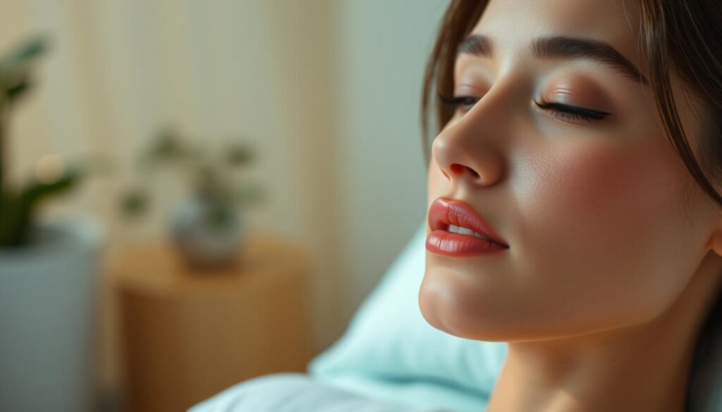 A serene, high-resolution image depicting the Oligio X "Glowin Beaute" radio wave treatment process. The frame showcases a tranquil close-up of a woman's face, with gentle lighting illuminating her skin and features. The middle ground features the Oligio X device, designed with a sleek, modern aesthetic, seamlessly integrated into the scene. The background is a softly defocused, calming environment, evoking a sense of relaxation and comfort. The overall atmosphere exudes a soothing, therapeutic ambiance, reflecting the section title "Oligio X 原美電波的治療過程與舒適體驗". A serene, high-resolution image depicting the Oligio X "Glowin Beaute" radio wave treatment process. The frame showcases a tranquil close-up of a woman's face, with gentle lighting illuminating her skin and features. The middle ground features the Oligio X device, designed with a sleek, modern aesthetic, seamlessly integrated into the scene. The background is a softly defocused, calming environment, evoking a sense of relaxation and comfort. The overall atmosphere exudes a soothing, therapeutic ambiance, reflecting the section title "Oligio X 原美電波的治療過程與舒適體驗".