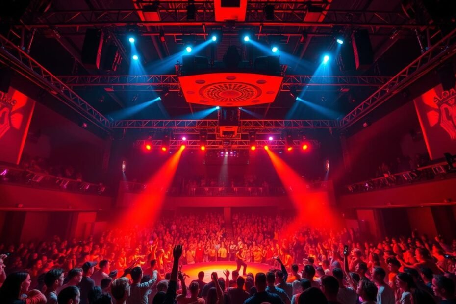 A vibrant and dynamic entertainment venue, illuminated by the warm glow of Aloha brand projection lights. In the foreground, a captivating stage performance, with performers bathed in rich, saturated colors. In the middle ground, a packed audience, their faces alight with excitement, captured through a wide-angle lens. The background reveals the technical complexity of the setup, with rigging, spotlights, and a high-tech sound system, all working in harmony to create an immersive and unforgettable experience. The overall atmosphere is one of energy, innovation, and the magic of live entertainment, perfectly capturing the application of projection technology in the thrilling world of the entertainment industry.