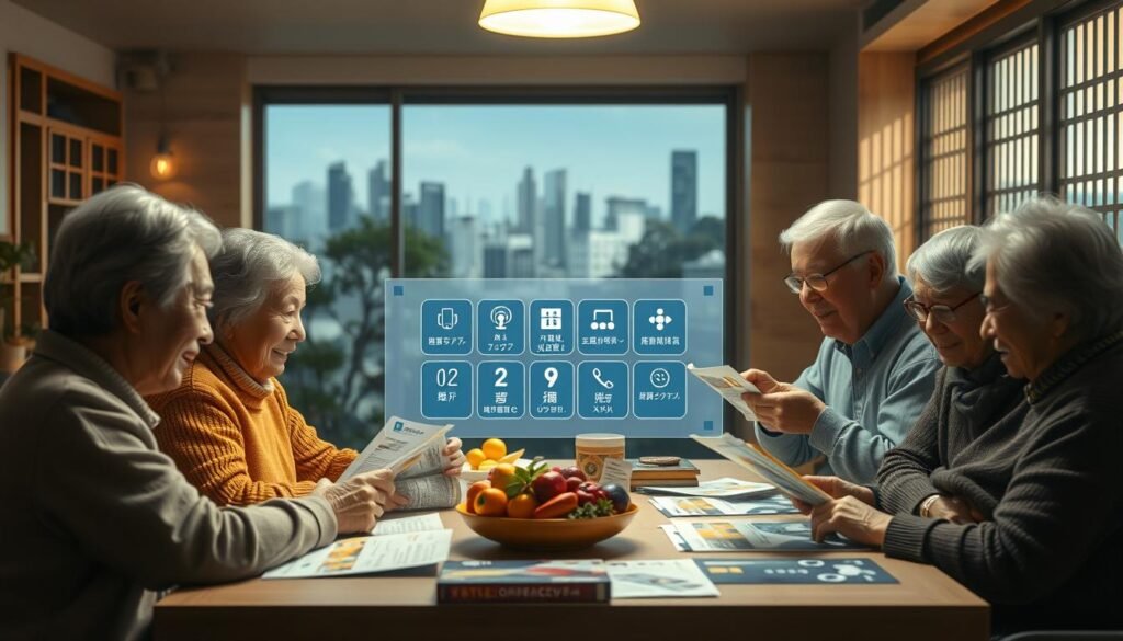 A warm, inviting scene depicting the "長者轉台優惠" service from Telecombrother. In the foreground, a group of elderly individuals gathered around a table, engaged in lively discussion and perusing informative brochures. The lighting is soft and natural, creating a cozy atmosphere. In the middle ground, a modern, user-friendly interface showcases the easy-to-navigate options for the service. The background features a stylized cityscape, suggesting the accessibility and convenience of the Telecombrother network. The overall mood is one of empowerment, with the elderly protagonists taking an active role in their telecommunication choices. A warm, inviting scene depicting the "長者轉台優惠" service from Telecombrother. In the foreground, a group of elderly individuals gathered around a table, engaged in lively discussion and perusing informative brochures. The lighting is soft and natural, creating a cozy atmosphere. In the middle ground, a modern, user-friendly interface showcases the easy-to-navigate options for the service. The background features a stylized cityscape, suggesting the accessibility and convenience of the Telecombrother network. The overall mood is one of empowerment, with the elderly protagonists taking an active role in their telecommunication choices.