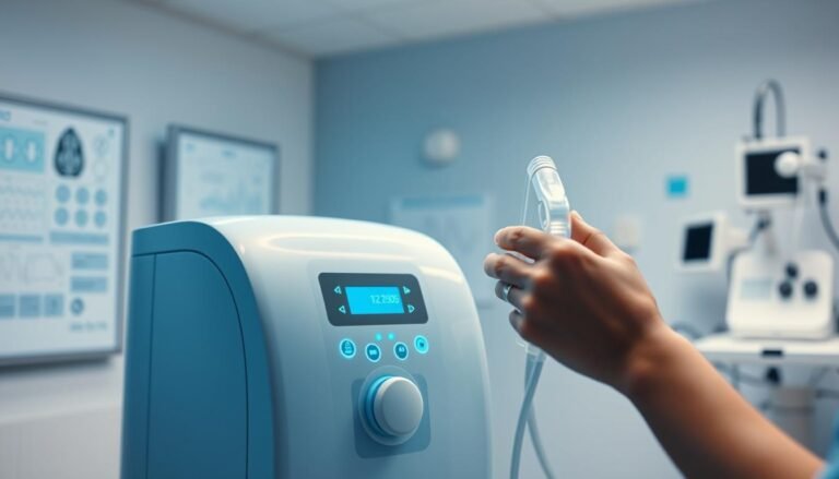 A well-designed medical device for sleep apnea patients, the iCareCPAP machine stands in a clean, modern medical setting. Soft blue and white lighting accentuates the sleek, curved lines of the machine, which features intuitive touchscreen controls. In the foreground, a patient's hand gently adjusts the comfortable mask, while in the background, diagnostic charts and equipment suggest the machine's sophisticated monitoring capabilities. The scene conveys a sense of both high-tech functionality and patient-centric care, highlighting how the iCareCPAP can improve the efficiency and effectiveness of sleep apnea treatment.