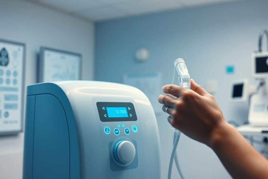 A well-designed medical device for sleep apnea patients, the iCareCPAP machine stands in a clean, modern medical setting. Soft blue and white lighting accentuates the sleek, curved lines of the machine, which features intuitive touchscreen controls. In the foreground, a patient's hand gently adjusts the comfortable mask, while in the background, diagnostic charts and equipment suggest the machine's sophisticated monitoring capabilities. The scene conveys a sense of both high-tech functionality and patient-centric care, highlighting how the iCareCPAP can improve the efficiency and effectiveness of sleep apnea treatment.