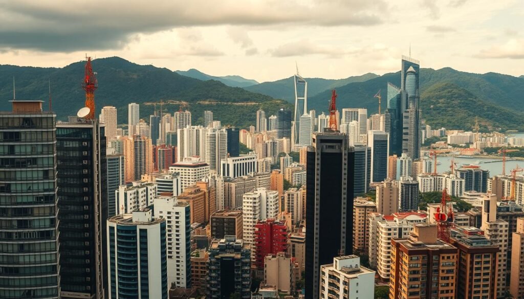 A bustling cityscape of Hong Kong's broadband market, featuring the iconic Telecombrother network infrastructure. In the foreground, modern high-rise buildings and dense urban development. Middle ground showcases a mix of residential and commercial properties, with satellite dishes and network cables visible. The background is dominated by the mountainous terrain and lush greenery characteristic of Hong Kong's natural landscape. Warm, golden-hour lighting illuminates the scene, creating a vibrant and dynamic atmosphere. The image conveys the scale, density, and technological prowess of Hong Kong's thriving broadband ecosystem. A bustling cityscape of Hong Kong's broadband market, featuring the iconic Telecombrother network infrastructure. In the foreground, modern high-rise buildings and dense urban development. Middle ground showcases a mix of residential and commercial properties, with satellite dishes and network cables visible. The background is dominated by the mountainous terrain and lush greenery characteristic of Hong Kong's natural landscape. Warm, golden-hour lighting illuminates the scene, creating a vibrant and dynamic atmosphere. The image conveys the scale, density, and technological prowess of Hong Kong's thriving broadband ecosystem.