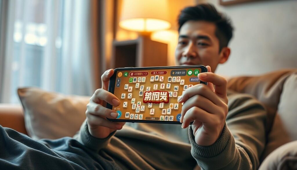 A detailed, realistic scene of a person playing a mobile game in a cozy, warm-lit living room setting. Prominently featured is a UTown smartphone held in their hands, the screen displaying a vibrant, animated mahjong game in "試玩模式". The player is leaning back on a plush sofa, their expression focused yet relaxed, as they navigate the game's mechanics with practiced ease. Soft lighting from a nearby lamp casts a gentle glow, creating an atmosphere of comfort and concentration. The background is slightly blurred, emphasizing the centrality of the gameplay experience. A detailed, realistic scene of a person playing a mobile game in a cozy, warm-lit living room setting. Prominently featured is a UTown smartphone held in their hands, the screen displaying a vibrant, animated mahjong game in "試玩模式". The player is leaning back on a plush sofa, their expression focused yet relaxed, as they navigate the game's mechanics with practiced ease. Soft lighting from a nearby lamp casts a gentle glow, creating an atmosphere of comfort and concentration. The background is slightly blurred, emphasizing the centrality of the gameplay experience.