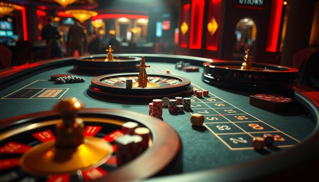 A detailed, visually-striking scene of a casino gaming table in the UTown casino. The table features a carefully composed arrangement of roulette wheels, chips, and dice, with a focus on the strategic placement and movement of the betting chips. The lighting is dramatic, with deep shadows and highlights that accentuate the tactile textures of the materials. The composition is balanced, guiding the viewer's eye across the table and hinting at the rhythmic patterns and mathematical probabilities underlying the gameplay. The overall mood is one of contemplation and anticipation, reflecting the careful, analytical approach to betting strategies in trial mode. A detailed, visually-striking scene of a casino gaming table in the UTown casino. The table features a carefully composed arrangement of roulette wheels, chips, and dice, with a focus on the strategic placement and movement of the betting chips. The lighting is dramatic, with deep shadows and highlights that accentuate the tactile textures of the materials. The composition is balanced, guiding the viewer's eye across the table and hinting at the rhythmic patterns and mathematical probabilities underlying the gameplay. The overall mood is one of contemplation and anticipation, reflecting the careful, analytical approach to betting strategies in trial mode.
