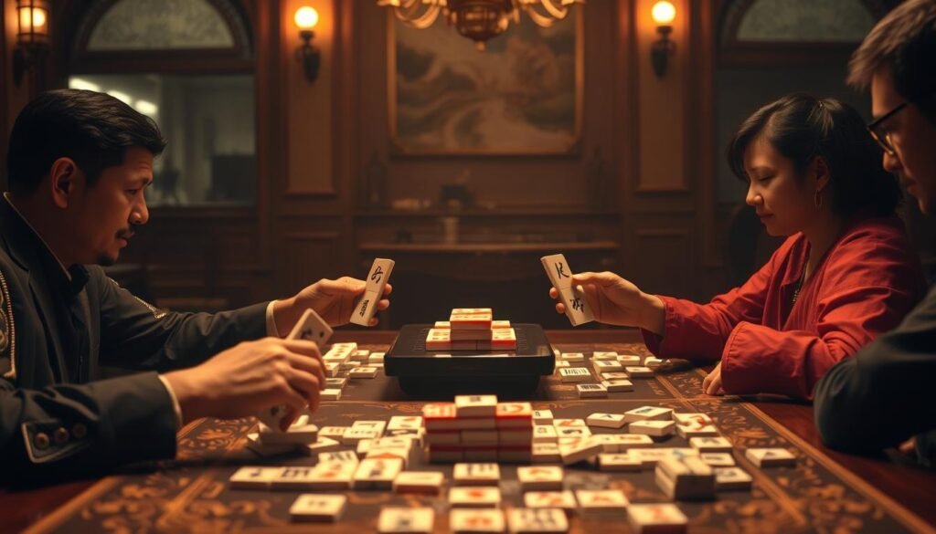 A high-stakes mahjong game unfolds in an elegant UTown parlor. Two players face off, their hands poised with discarded tiles and the coveted winning hand in sight. Warm lighting casts a golden glow, heightening the tension as they strategize their next moves. The table is a battlefield of precise tile placement, with each discard and draw a calculated risk. The scene exudes a sense of focus and expertise, capturing the essence of advanced mahjong tactics. A high-stakes mahjong game unfolds in an elegant UTown parlor. Two players face off, their hands poised with discarded tiles and the coveted winning hand in sight. Warm lighting casts a golden glow, heightening the tension as they strategize their next moves. The table is a battlefield of precise tile placement, with each discard and draw a calculated risk. The scene exudes a sense of focus and expertise, capturing the essence of advanced mahjong tactics.