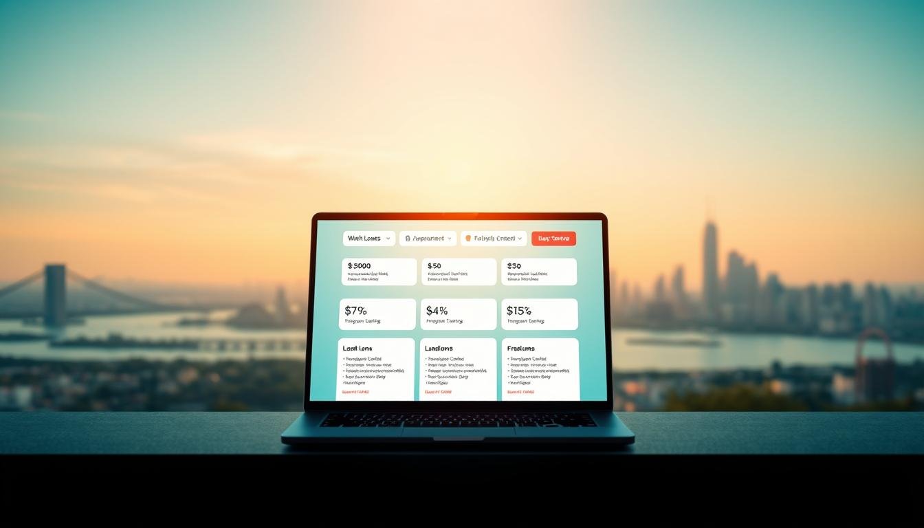 A vibrant and secure online lending platform set against a serene background. The foreground features a clean, modern interface with intuitive navigation, inspiring trust and security. The middle ground showcases a range of loan options and transparent terms, while the background depicts a tranquil cityscape, symbolizing the platform's reliable and trustworthy nature. Soft, warm lighting casts a welcoming glow, and the overall composition conveys a sense of professionalism, transparency, and consumer-centric design.