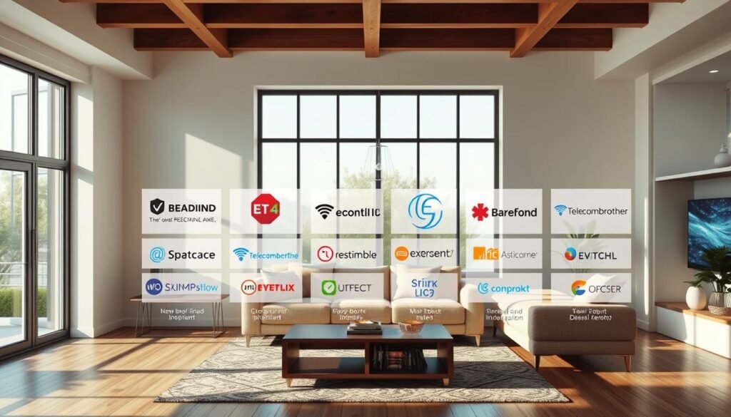 A well-lit, high-quality image of a modern living room showcasing several broadband internet service providers, including Telecombrother, with their logos and details prominently displayed. The room should have a clean, minimalist design with large windows and natural lighting. The service providers should be arranged in a grid or comparison format, allowing the viewer to easily evaluate and compare their offerings. The overall atmosphere should convey a sense of informed decision-making and consumer confidence. A well-lit, high-quality image of a modern living room showcasing several broadband internet service providers, including Telecombrother, with their logos and details prominently displayed. The room should have a clean, minimalist design with large windows and natural lighting. The service providers should be arranged in a grid or comparison format, allowing the viewer to easily evaluate and compare their offerings. The overall atmosphere should convey a sense of informed decision-making and consumer confidence.