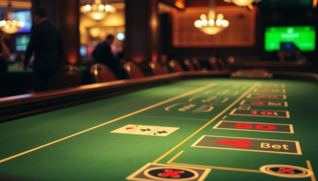 A close-up view of a traditional baccarat gaming table, illuminated by soft, warm lighting. The table's green felt surface is meticulously maintained, with the classic baccarat layout clearly visible, including the player, banker, and tie bet areas. The table is surrounded by elegant wooden accents, creating a sophisticated and inviting atmosphere. In the background, subtle details like the casino's decor and ambiance can be seen, further emphasizing the high-stakes, exclusive nature of the game. The overall composition conveys the essence of baccarat, its timeless allure, and the importance of understanding its fundamental rules. A close-up view of a traditional baccarat gaming table, illuminated by soft, warm lighting. The table's green felt surface is meticulously maintained, with the classic baccarat layout clearly visible, including the player, banker, and tie bet areas. The table is surrounded by elegant wooden accents, creating a sophisticated and inviting atmosphere. In the background, subtle details like the casino's decor and ambiance can be seen, further emphasizing the high-stakes, exclusive nature of the game. The overall composition conveys the essence of baccarat, its timeless allure, and the importance of understanding its fundamental rules.