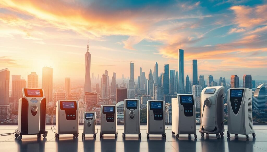 A futuristic scene depicting the dynamic growth of the sleep apnea treatment market. In the foreground, an array of advanced iCareCPAP machines stand out, their sleek designs and intuitive interfaces showcasing the latest technological innovations. The middle ground features a bustling cityscape, with towering skyscrapers and a network of roads symbolizing the widespread adoption and integration of these devices into modern healthcare systems. In the background, a vibrant, colorful sky with hints of sunrise or sunset casts a warm glow, conveying a sense of progress and optimism for the future of sleep apnea management. The overall atmosphere is one of technological sophistication, medical advancement, and a thriving industry poised to transform the lives of sleep-deprived individuals.