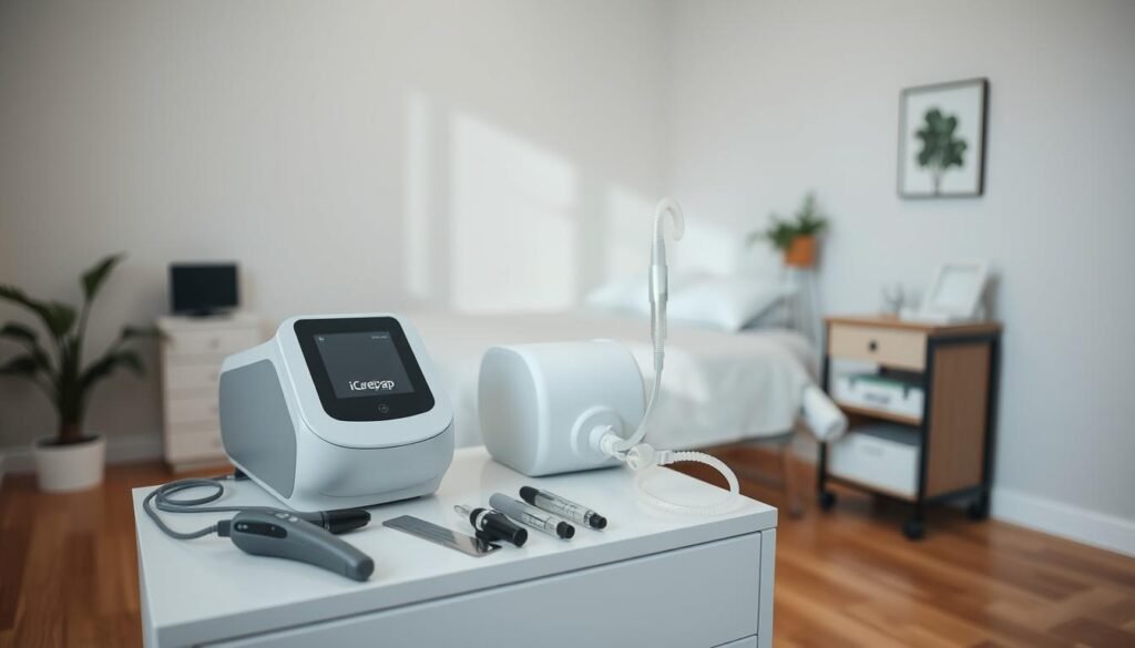 A well-lit medical clinic room, with a focus on a sleek, modern iCareCPAP sleep apnea machine. The machine is positioned on a clean, white bedside table, with various maintenance tools and accessories neatly arranged around it. The room has soft, natural lighting, creating a calming and professional atmosphere. The walls are painted in a soothing neutral color, and the floor is covered in a warm, wooden laminate. A comfortable-looking bed is in the background, suggesting the machine's use in a home setting. The overall composition conveys the importance of proper maintenance and care for the iCareCPAP machine, to ensure optimal performance and user comfort.