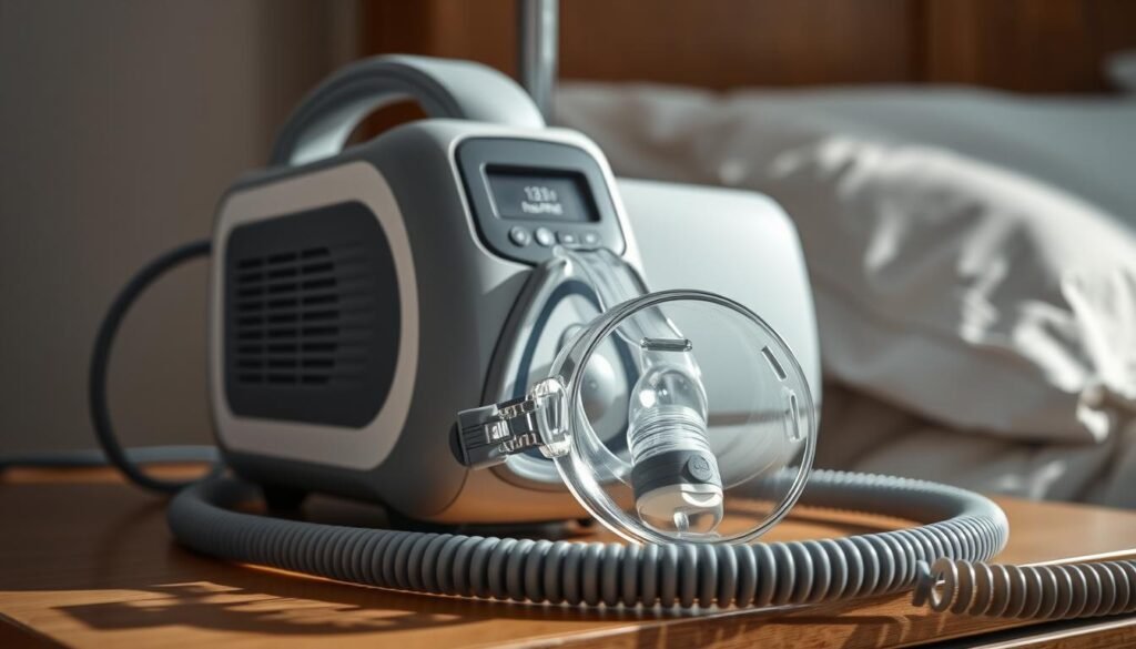 A high-resolution, detailed image of an iCareCPAP sleep apnea breathing machine. The device has a sleek, modern design with a grey and white color scheme. The main body of the machine is placed on a nightstand, with the hose and mask apparatus in the foreground. The mask is a full-face design with a soft, cushioned seal around the edges for a comfortable, air-tight fit. Bright, directional lighting from the side casts shadows and highlights the machine's contours, giving it a professional, clinical appearance. The background is blurred, creating a sense of depth and focus on the breathing machine itself, which is the central subject. A high-resolution, detailed image of an iCareCPAP sleep apnea breathing machine. The device has a sleek, modern design with a grey and white color scheme. The main body of the machine is placed on a nightstand, with the hose and mask apparatus in the foreground. The mask is a full-face design with a soft, cushioned seal around the edges for a comfortable, air-tight fit. Bright, directional lighting from the side casts shadows and highlights the machine's contours, giving it a professional, clinical appearance. The background is blurred, creating a sense of depth and focus on the breathing machine itself, which is the central subject.