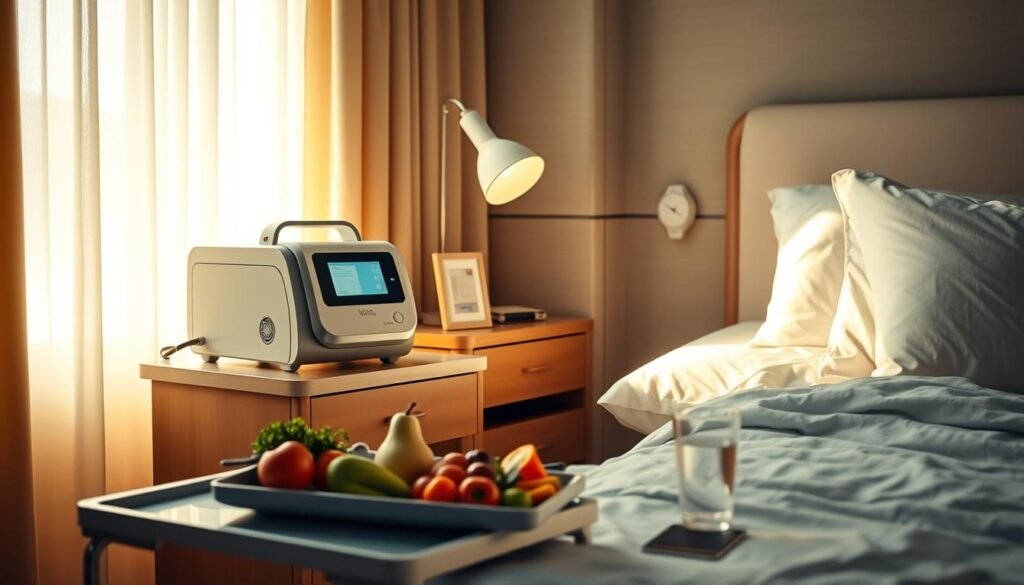 A cozy, well-lit hospital room with a sleek iCareCPAP sleep apnea machine on a nightstand. Soft, natural lighting filters through sheer curtains, casting a warm glow. On the bedside table, a tray of healthy, balanced meals - fresh fruits, vegetables, and a glass of water. The room exudes a sense of comfort and care, reflecting the unique nutritional needs of the sleep apnea patient undergoing respiratory therapy. The scene conveys the importance of proper nutrition in supporting respiratory health and overall well-being during this medical journey.