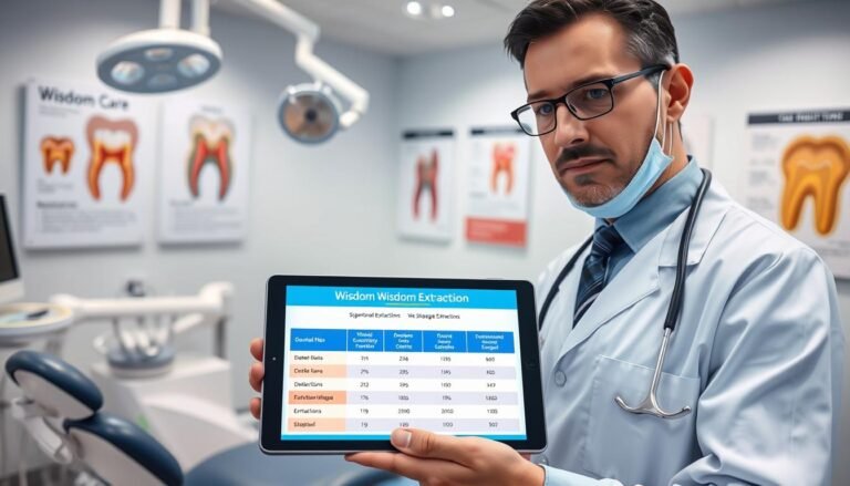 A dental surgeon in a modern clinical setting, wearing professional business attire, is shown assessing the risks of wisdom tooth extraction with a digital tablet in hand. In the foreground, a high-resolution display showing an interactive chart of potential risks and benefits related to simultaneous extractions versus staged procedures. In the middle, a dental chair with dental instruments laid out neatly, emphasizing a clean and sterile environment. The background features a bright, well-lit dental office with anatomical posters about wisdom teeth and patient care. The atmosphere is professional and calm, conveying a sense of trust and expertise in dental care, using soft lighting to enhance the clinical feel. The angle showcases the surgeon's focused expression, conveying seriousness and dedication.