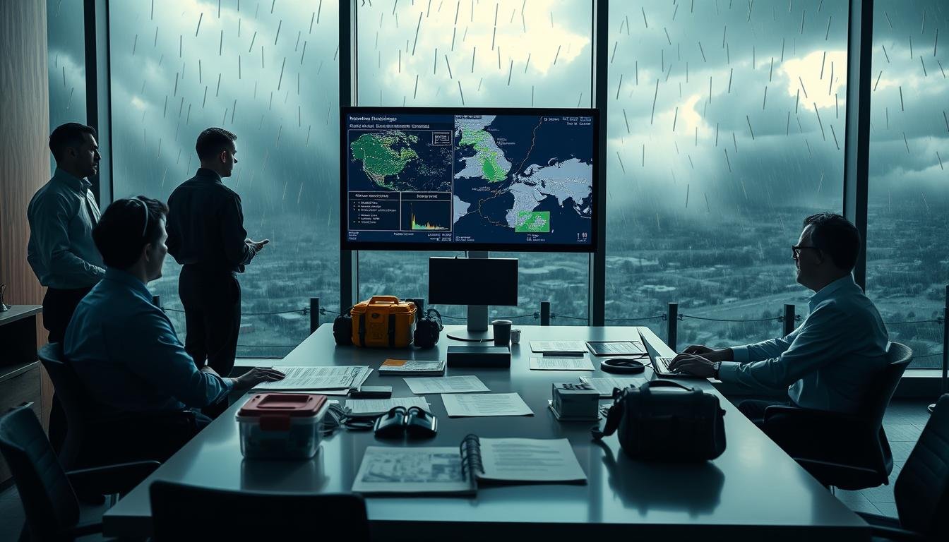 A dynamic scene illustrating a case study of the HKSSC's response to severe weather. In the foreground, a team of professionals in business attire collaborates around a large, modern computer displaying real-time weather data and personnel deployment plans. The middle ground features a conference table with various emergency management documents and safety gear, symbolizing preparedness. In the background, large windows reveal dark storm clouds and heavy rain outside, casting dramatic shadows on the interior. The lighting is a mix of bright indoor lighting contrasted with the gloomy, overcast ambiance outside, creating a tense yet focused atmosphere. The overall impression conveys urgency and strategic planning, vital for effective weather response measures.