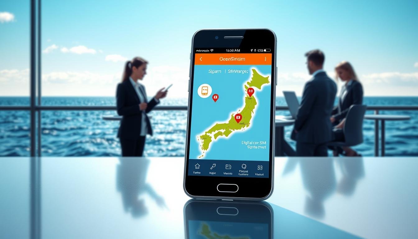 A visually striking illustration showcasing the advantages of OceanEsim in Japan. The foreground features a sleek smartphone with the OceanEsim app open on its screen, highlighting a colorful map of Japan with digital eSIM and location markers. In the middle ground, a modern workspace is depicted, with professional business attire-clad individuals discussing mobile technology and eSIM management, surrounded by notes and laptops. The background shows a serene ocean view, symbolizing connectivity and freedom, with gentle waves and a bright blue sky. Soft, natural lighting enhances the atmosphere, casting light reflections on the water, creating a calm and contemporary feel. The image conveys innovation and the seamless integration of technology in daily life.