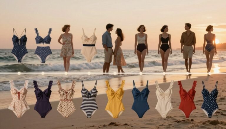 A captivating timeline of swimwear evolution, showcasing a diverse array of designs from various historical periods to modern styles. In the foreground, present an elegant display of iconic swimwear pieces, including vintage styles like the 1920s one-piece and the high-waisted two-piece, seamlessly blending into contemporary designs with innovative fabrics and cuts. In the middle ground, subtle silhouettes of couples enjoying a beach setting, dressed in stylish, modest swim attire, emphasize the cultural significance of swimwear over time. The background features a serene beachscape with gentle waves and a warm sunset, casting soft lighting that highlights the textures and colors of the swimwear. Aim for a cozy and intimate atmosphere, with a cinematic feel, captured in a 4:3 aspect ratio.