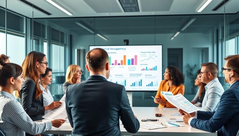 A professional swimming association meeting focused on financial transparency and management. In the foreground, a diverse group of business professionals dressed in smart casual clothing, discussing financial documents and charts that illustrate budget allocations and spending. In the middle ground, a large presentation screen displays graphs and infographics showcasing transparency metrics and accountability measures. The background features a sleek, modern conference room with glass walls, symbolizing openness. Soft, natural lighting filters in, creating a bright and inviting atmosphere. The overall mood is one of professionalism, collaboration, and trust. The camera angle is slightly elevated, capturing the dynamism of active discussions and the informative visuals on the screen, emphasizing the importance of financial transparency in the swimming association.
