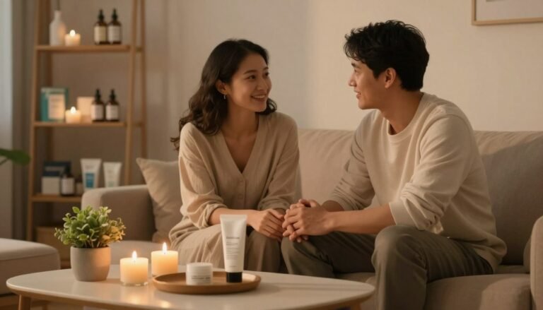 A serene, cozy interior scene that symbolizes the connection between intimate wellness products and psychological well-being. In the foreground, a tastefully arranged coffee table features elegant decorative items, such as soothing candles and a small potted plant, hinting at relaxation and self-care. The middle ground shows a couple in modest, comfortable clothing, engaging in a warm, supportive conversation, reflecting emotional intimacy and trust. Soft, warm lighting floods the space, creating a cinematic, inviting atmosphere. In the background, a softly blurred shelf showcases various wellness items in a discreet, organized manner, representing the theme of care and mental health support. The composition captures a romantic yet professional vibe, emphasizing connection and psychological impact, framed in a 4:3 aspect ratio.