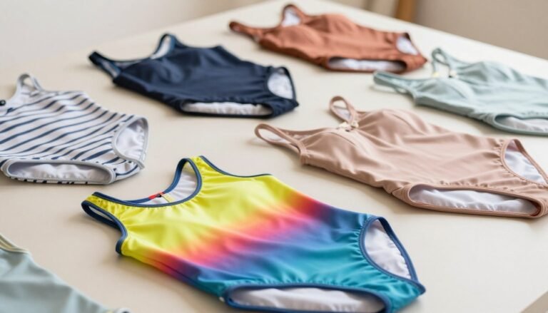 A stylish display of various swimwear, including UV-protective swimsuits and one-piece bathing suits, carefully arranged on a clean, neutral background. In the foreground, focus on a vibrant, colorful UV-blocking swimsuit with its fabric texture clearly visible, highlighting the importance of PM Care standards. In the middle ground, feature several elegantly designed one-piece swimsuits in different colors and patterns, showcasing a range of styles suited for different body types. The background should be softly blurred to emphasize the swimwear, with gentle, natural lighting illuminating the fabrics, creating a fresh, inviting atmosphere. Capture this from a slightly elevated angle to provide a comprehensive view, ensuring the focus remains on the quality and design of the swimsuits.