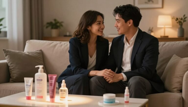 A cozy, intimate setting featuring a romantic moment between a couple in professional business attire, sitting closely together on a plush sofa. The foreground includes a softly lit table adorned with tasteful, elegant sexual health products displayed in a tasteful manner. In the middle ground, the couple shares a genuine, heartfelt conversation, their expressions conveying warmth and connection. The background features a softly lit room with ambient lighting, warm tones creating a welcoming atmosphere, evoking feelings of closeness and affection. The scene is shot with a shallow depth of field to emphasize the couple while gently blurring the background, enhancing the sense of intimacy. The overall mood is romantic and nurturing, ideal for illustrating the positive impact of intimacy products on relationships, framed in a cinematic style with a 4:3 aspect ratio.