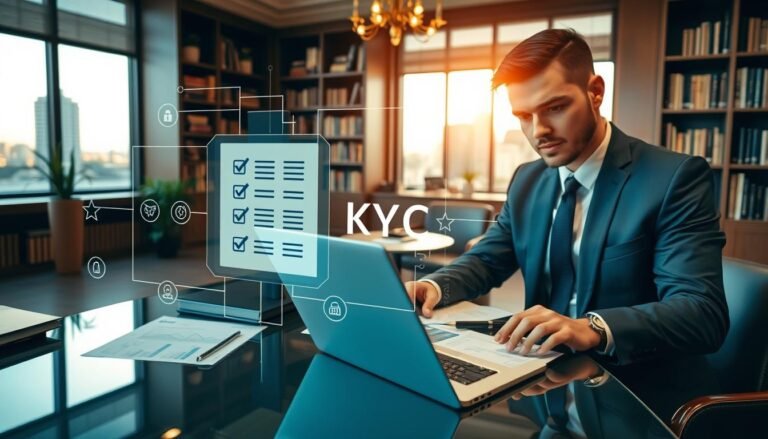 A professional office setting illustrating the relationship between rental addresses and KYC compliance checks in banking. In the foreground, a well-dressed businessperson (male or female, in smart professional attire) is reviewing documents on a sleek desk, with a laptop and financial charts visible. The middle layer features a digital interface overlay, showing elements like a checklist, and icons representing compliance, security, and identity verification. The background showcases an elegant office filled with bookshelves and a large window with city views, bathed in warm, natural light. The mood is serious yet focused, emphasizing the importance of verification in financial institutions. Capture the scene at eye level with a sharp focus on the foreground while softly blurring the background for depth.