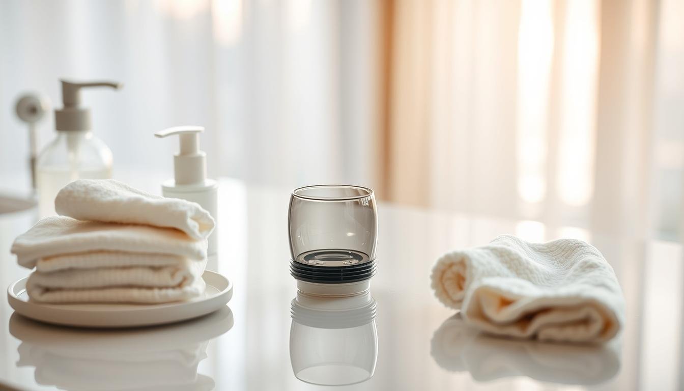 A clean and organized workspace featuring a high-end male personal care product known as a "flight cup", showcasing effective cleaning and maintenance techniques. In the foreground, a set of cleaning tools, including gentle soaps and soft cloths, are neatly arranged next to the product. The middle area displays the flight cup itself, meticulously cleaned and placed on a smooth, reflective surface. The background is softly blurred, hinting at a bright, well-lit space with warm sunlight filtered through sheer curtains, creating a serene and inviting atmosphere. The overall mood conveys an emphasis on care, cleanliness, and proper storage to maintain product integrity. The scene is shot with a shallow depth of field, emphasizing the details of the cleaning process.