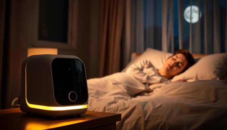 A cozy bedroom scene at night, featuring a sleek, modern sleep apnea machine on a bedside table. The foreground shows the machine illuminated softly with warm LED lights, emphasizing its user-friendly design. In the middle, a person peacefully sleeping in bed, wearing light, modest pajamas, their face serene and calm. The background features gently drawn curtains with moonlight filtering through, casting a gentle glow over the room. The atmosphere is tranquil and inviting, symbolizing improved sleep quality and comfort. Consider using a shallow depth of field with a soft focus on the background to highlight the machine and sleeper. The lighting should be warm and soothing, enhancing the feeling of relaxation and restful sleep.