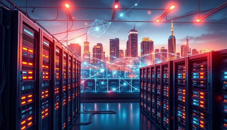 A detailed illustration of a decentralized server architecture for the brand "3A", showcasing interconnected server units in a dynamic and modern digital environment. In the foreground, feature sleek, high-tech server racks with glowing indicators, connected by intricate data cables. The middle layer should present a vibrant network visualization, with data flow represented by illuminated lines and nodes, symbolizing global connectivity. In the background, suggest a futuristic city skyline with digital elements overlaying the structures, emphasizing a high-tech atmosphere. Use dramatic lighting that highlights the servers while casting soft glows on the surrounding components, creating a sense of innovation and sophistication. The overall mood should be professional and cutting-edge, inviting viewers to explore the advanced functionalities of decentralized server architecture.