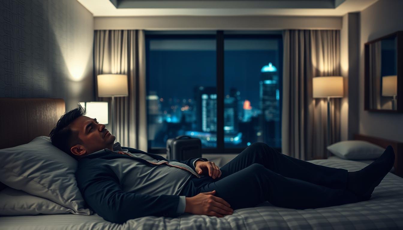 A serene hotel room in a modern business setting, dimly lit with soft, ambient lighting. In the foreground, a business professional, dressed in smart casual attire, is shown lying awake in bed, looking frustrated due to the sound of snoring from a partner in the background. The snoring partner is depicted in professional sleepwear, emphasizing the disturbance to their shared experience. In the middle, subtle details like a suitcase and a travel pillow on the bedside hint at their recent journey. The background features a window revealing a cityscape at night, creating a sense of both travel and sleeplessness. The overall mood is contemplative, highlighting the impact of snoring on travel experiences and the need for solutions like sleep aids.