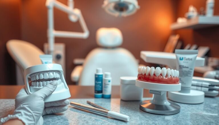 A close-up view of a dental clinic setting, showcasing professional dental tools and whitening products arranged neatly on a countertop. In the foreground, a pair of hands, wearing latex gloves, holds a teeth whitening tray next to a healthy set of teeth displayed on a dental model. The middle ground features a soft-focus dentist's chair and equipment, with items like whitening gels and brochures about dental care visible. In the background, warm, ambient lighting creates a soothing atmosphere, emphasizing the importance of professional dental advice. The mood is clinical yet reassuring, highlighting the relationship between gum health and teeth whitening methods without any text or distractions.