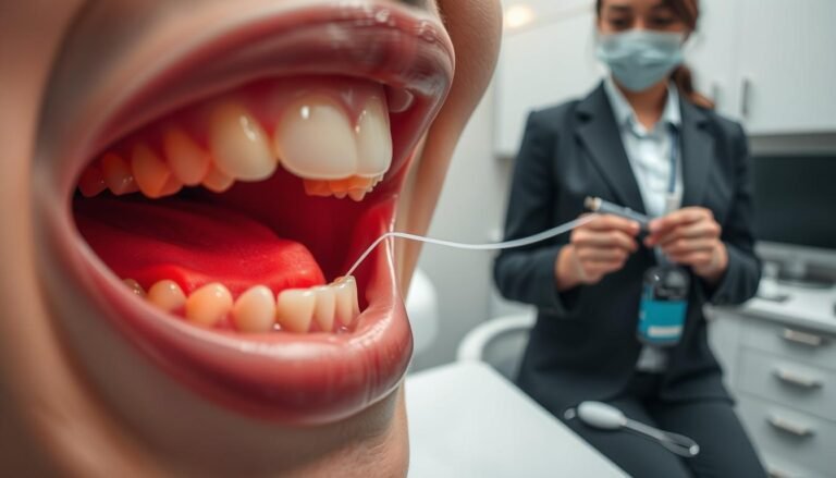A dental clinic scene focused on wisdom teeth care, featuring a close-up view of an open mouth showcasing a set of wisdom teeth with inflamed gums, highlighted by a soft, diffused light to emphasize the texture and details of dental health. In the foreground, a dental hygienist in professional attire gently demonstrates the use of dental floss and mouthwash, conveying a sense of professionalism and care. The background shows well-organized dental tools on a clean countertop, enhancing the clinical atmosphere. The overall mood is informative and reassuring, with a focus on cleanliness and dental hygiene, encouraging viewers to understand the importance of oral care related to wisdom teeth issues.