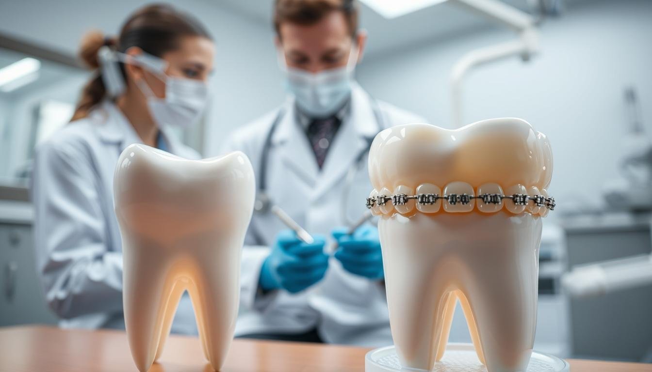 A dental setting featuring a close-up of a tooth with a dental crown and braces, symbolizing post-root canal protection. In the foreground, showcase the intricately designed dental crown fitted onto the tooth, with detailed texture and shine. The middle ground includes a professional dentist in a white coat, examining the crown, holding dental tools, and demonstrating a careful and focused demeanor. The background should depict a modern dental clinic, with bright lighting highlighting sterile instruments and patient care equipment, evoking a sense of professionalism and safety. The overall mood is clinical yet reassuring, emphasizing the importance of dental protection after treatment.