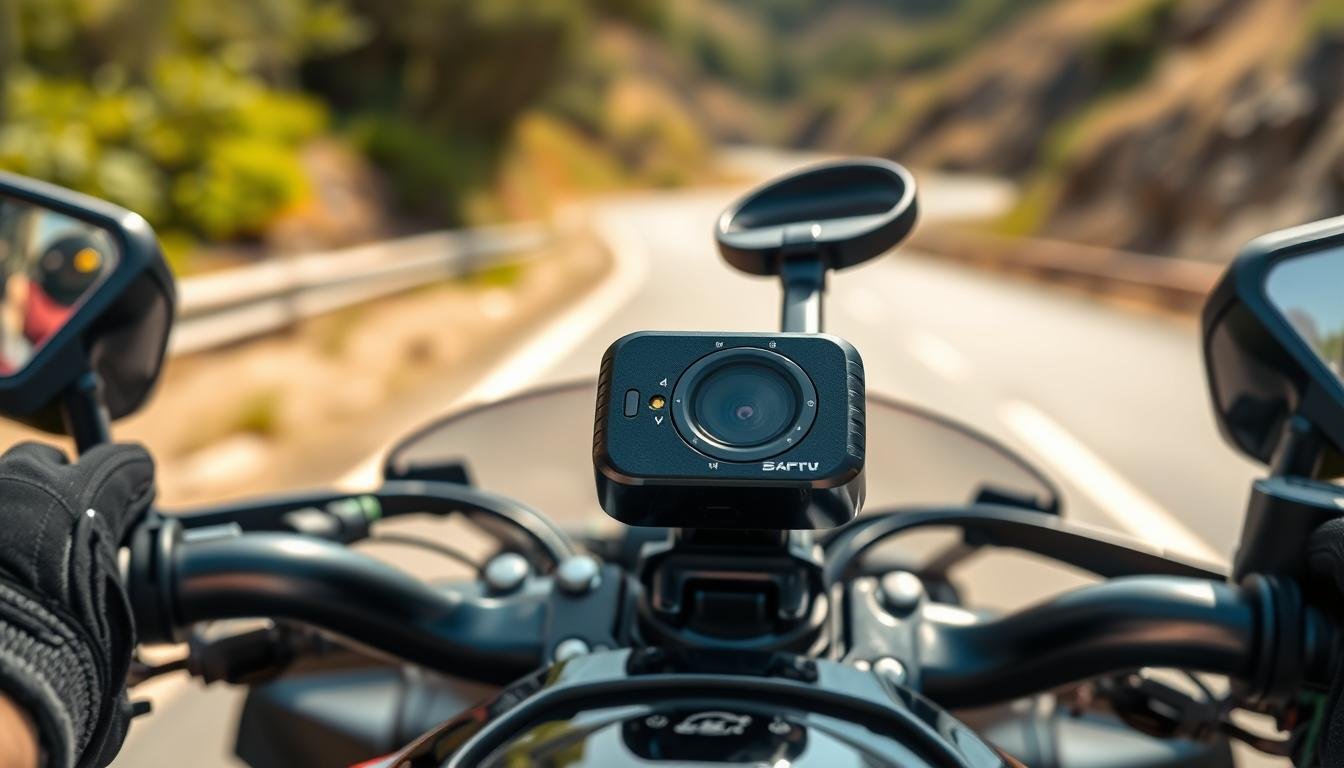 A detailed close-up of a motorcycle dash-mounted camera, showcasing its sleek design and intricate features. The camera has a glossy black finish with LED indicators, mounted securely on the handlebars. In the background, a blurred view of a winding road under bright daylight creates a sense of adventure and motion. Surrounding the camera are subtle hints of safety gear, like a helmet and gloves, to emphasize the importance of road safety. Soft sunlight highlights the reflective surfaces, giving a professional and polished look. The angle captures the camera looking towards the open road, conveying a sense of preparedness and vigilance while riding. Focus on clarity and detail to showcase the technology behind recording crucial moments on the road.