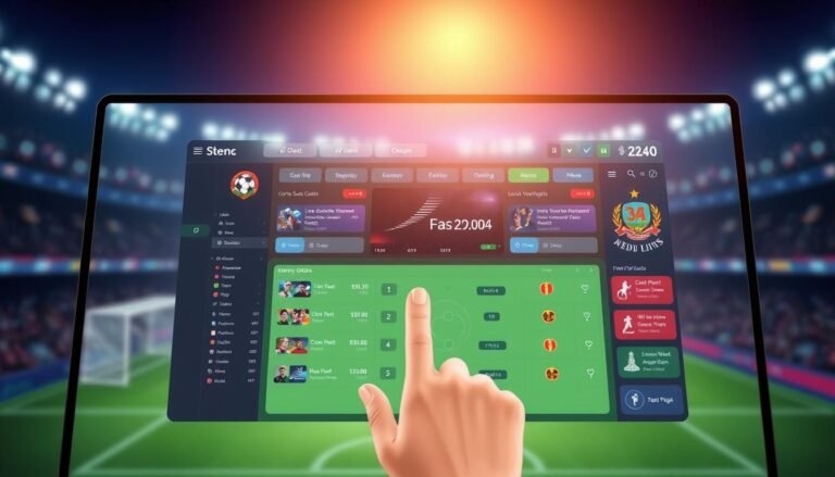 A detailed illustration of a "3A系統操作介面" screen, showcasing a user-friendly sports betting interface. In the foreground, depict a sleek digital dashboard with intuitive buttons and vibrant graphics representing live soccer matches, odds, and betting options. The middle section should include a stylized hand interacting with the interface, emphasizing ease of use. The background features a subtle sports-themed ambiance with blurred stadium lights, creating an energetic atmosphere. Utilize soft, focused lighting to highlight key elements of the interface while maintaining a professional look. The overall mood is engaging and sophisticated, reflecting the dynamic nature of sports betting.