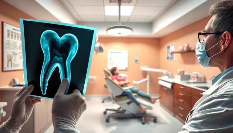 A detailed illustration of a dental office showcasing the importance of root canal therapy. In the foreground, a dental professional in a white coat and gloves examines an X-ray, highlighting a significant dark shadow at the root apex of a tooth. The middle ground features a dental chair with a patient sitting comfortably and attentive, surrounded by dental instruments and a bright overhead light creating a clinical and clean atmosphere. In the background, dental charts and models of teeth can be seen, emphasizing the educational aspect of the procedure. The lighting is bright and focused, conveying a sense of urgency and precision. The overall mood is professional and informative, reflecting the critical nature of timely root canal treatment for addressing root surface decay.