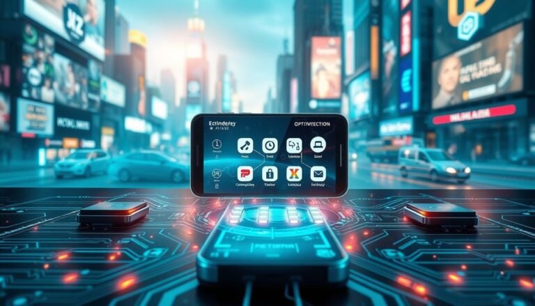 A high-tech, futuristic rendering engine interface showcasing innovations in graphic rendering, designed to enhance mobile gaming performance. The foreground features a sleek user interface with glowing graphics, intricate circuit patterns, and vibrant animations that symbolize fluidity and efficiency. In the middle ground, display a smartphone surrounded by visual elements representing optimization techniques, such as low-energy icons and smooth frame rates. The background is a dynamic cityscape, illuminated by digital billboards and neon lights, evoking a sense of technological advancement. The entire scene is richly colored with a cool blue-green palette, accentuated by dynamic lighting that creates depth and highlights. Aim for a professional, innovative atmosphere, capturing the essence of modern gaming technology.