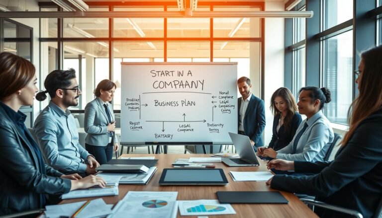 A professional office setting showcasing the initial steps of starting a company. In the foreground, a diverse group of business professionals, dressed in smart attire, are gathered around a table filled with documents, laptops, and a digital tablet displaying a flowchart of the company formation process. The middle ground features a large whiteboard with key terms like "Business Plan", "Registration", and "Legal Compliance" written on it. In the background, a modern office with large windows allowing natural light to fill the room, creating a bright and optimistic atmosphere. The scene captures a sense of collaboration and focus, highlighting the strategic planning involved in launching a successful company. The lighting is warm and inviting, emphasizing professionalism and teamwork.