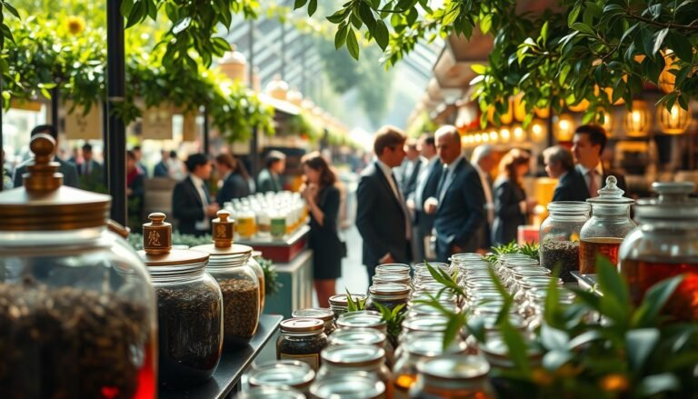 A bustling tea market scene, showcasing the vibrant atmosphere of a fixed-point tea market. In the foreground, a vendor displays various tea types in elegant glass jars, their rich colors reflecting warm lighting. Middle ground features shoppers, dressed in professional business attire, engaged in lively discussions about tea prices and qualities. The background depicts market stalls covered with lush greenery, adding a fresh ambiance. The image is captured with a shallow depth of field using a 50mm lens, highlighting the intricate details of the tea while blurring the distant crowd. The overall mood is inviting and cozy, with soft sunlight filtering through the leaves, creating a cinematic, intimate vibe. The aspect ratio is 4:3, perfect for capturing the essence of this tea market.