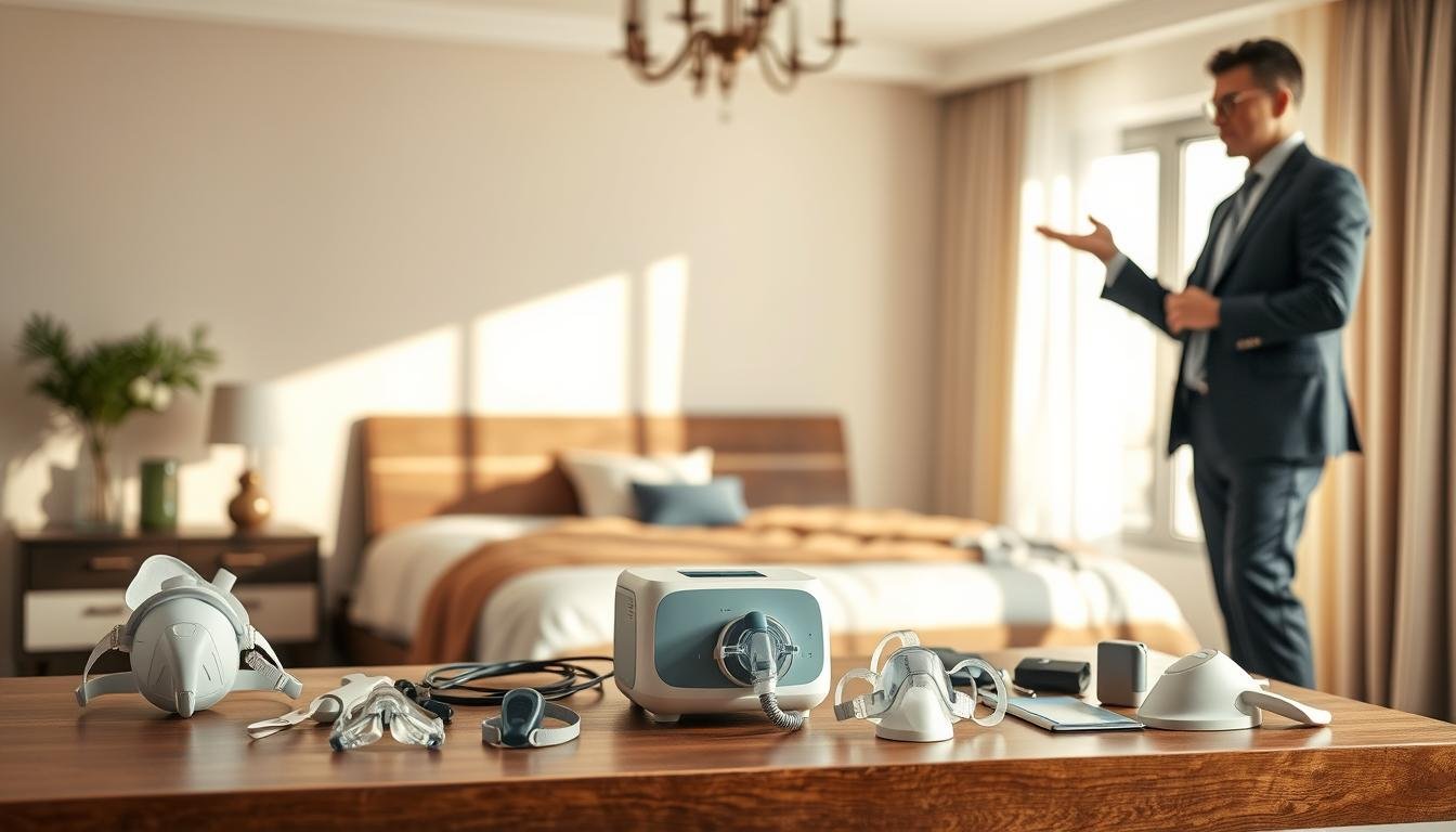 A serene and informative scene showcasing a modern CPAP machine selection guide. In the foreground, a well-designed CPAP device sits on a sleek, wooden table with various masks and accessories displayed around it. The middle layer features a soft-focus background of an elegantly decorated bedroom, creating an inviting ambiance. Warm, natural lighting filters through a window, casting gentle shadows that enhance the cozy atmosphere. The composition conveys clarity and order, emphasizing the personal aspect of choosing the right CPAP machine. A professional consultant, dressed in business attire, stands nearby, gesturing towards the CPAP machine, indicating their guidance. The overall mood is calm and supportive, aimed at helping viewers feel informed and empowered in their decision-making process.