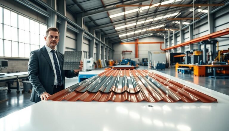 A sleek and modern warehouse where VULCAN Plastics engineers are demonstrating cutting-edge flat roofing sheets. In the foreground, an engineer in professional business attire holds a sample of a new roofing sheet, showcasing its innovative features. The middle ground features a variety of roofing sheets with a glossy finish, displaying different colors and textures, arranged neatly on a workstation illuminated by bright, natural light streaming in through large windows. In the background, machinery and tools for production hint at advanced manufacturing technologies. The overall mood is futuristic and inspiring, reflecting innovation and technology in the roofing industry. The scene is captured with a wide-angle lens, emphasizing depth and detail, under well-balanced lighting to accentuate the surfaces and colors.
