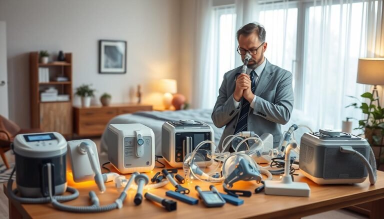 An informative and engaging scene depicting the selection of a sleep apnea machine. In the foreground, a well-organized table displays various CPAP machines, masks, and accessories, illuminated by soft, warm lighting. A knowledgeable healthcare professional, dressed in smart business attire, is seen thoughtfully examining the devices, providing a sense of guidance and expertise. The middle ground features a cozy, well-furnished bedroom setting with soothing colors, designed to evoke a peaceful atmosphere. In the background, a large window lets in gentle morning light, creating a serene environment that promotes restful sleep. The overall mood is calm and professional, emphasizing the importance of choosing the right sleep apnea machine for personalized care. No text or overlays should be present in the image.