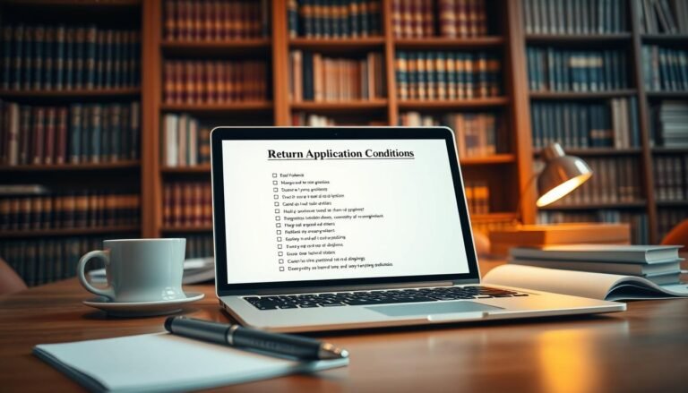 A close-up view of a professional-looking desk setup featuring a laptop displaying a document titled "Return Application Conditions" with a checklist of requirements. The foreground includes a neatly arranged pen and notepad, with a cup of coffee to the side. In the middle, the laptop screen is focused, highlighting a well-organized list. The background is softly blurred, showcasing bookshelves filled with legal and business texts to create an academic atmosphere. The lighting is warm and inviting, illuminating the workspace from a soft, overhead source, evoking a sense of professionalism and clarity. The overall mood is one of diligence and focus, emphasizing the importance of understanding return conditions in a cross-border shopping context.